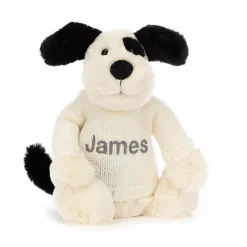 Jellycat Bashful Black & Cream Puppy with Personalised Cream Jumper< All Soft Toys|All Bashfuls