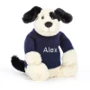 Jellycat Bashful Black & Cream Puppy with Personalised Navy Jumper< All Soft Toys|All Bashfuls
