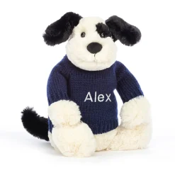 Jellycat Bashful Black & Cream Puppy with Personalised Navy Jumper< All Soft Toys|All Bashfuls