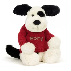 Jellycat Bashful Black & Cream Puppy with Personalised Red Jumper< All Soft Toys|All Bashfuls