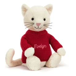 Jellycat Bashful Cream Kitten with Personalised Red Jumper< All Soft Toys|All Bashfuls