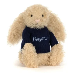 Jellycat Bashful Luxe Bunny Curly with Personalised Navy Jumper< All Soft Toys|Bashful Bunnies