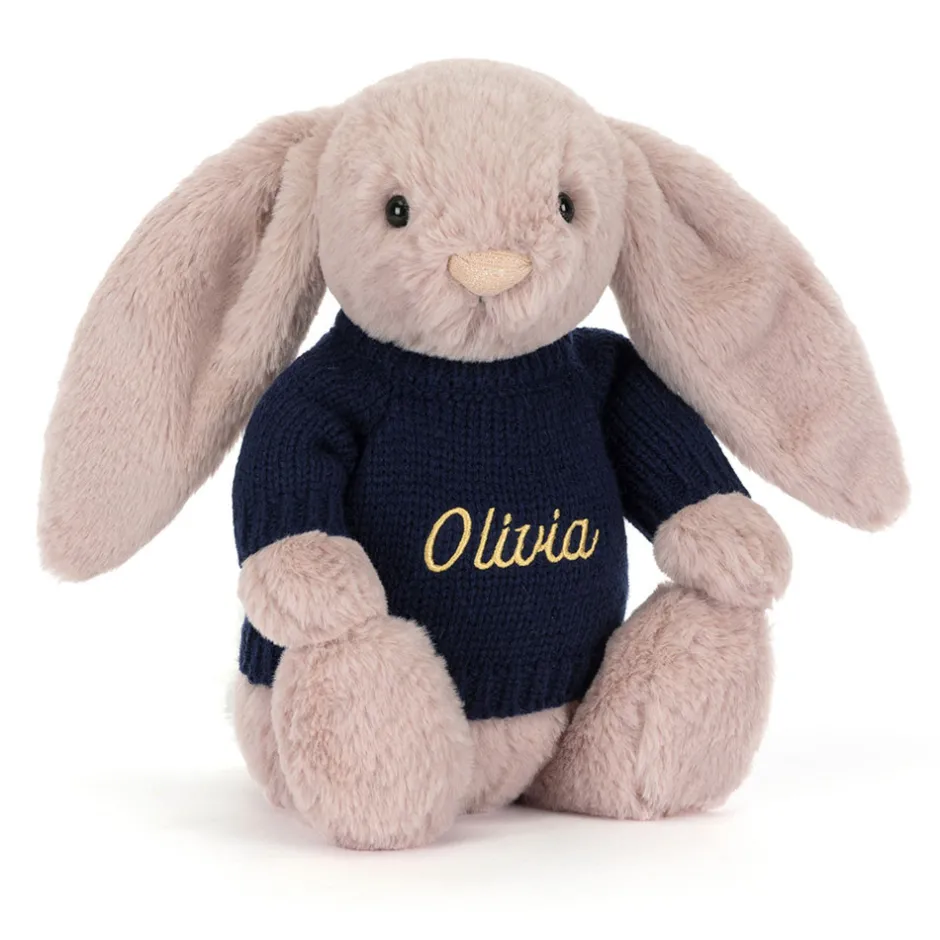 Jellycat Bashful Luxe Bunny Rosa with Personalised Navy Jumper< All Soft Toys|Bashful Bunnies
