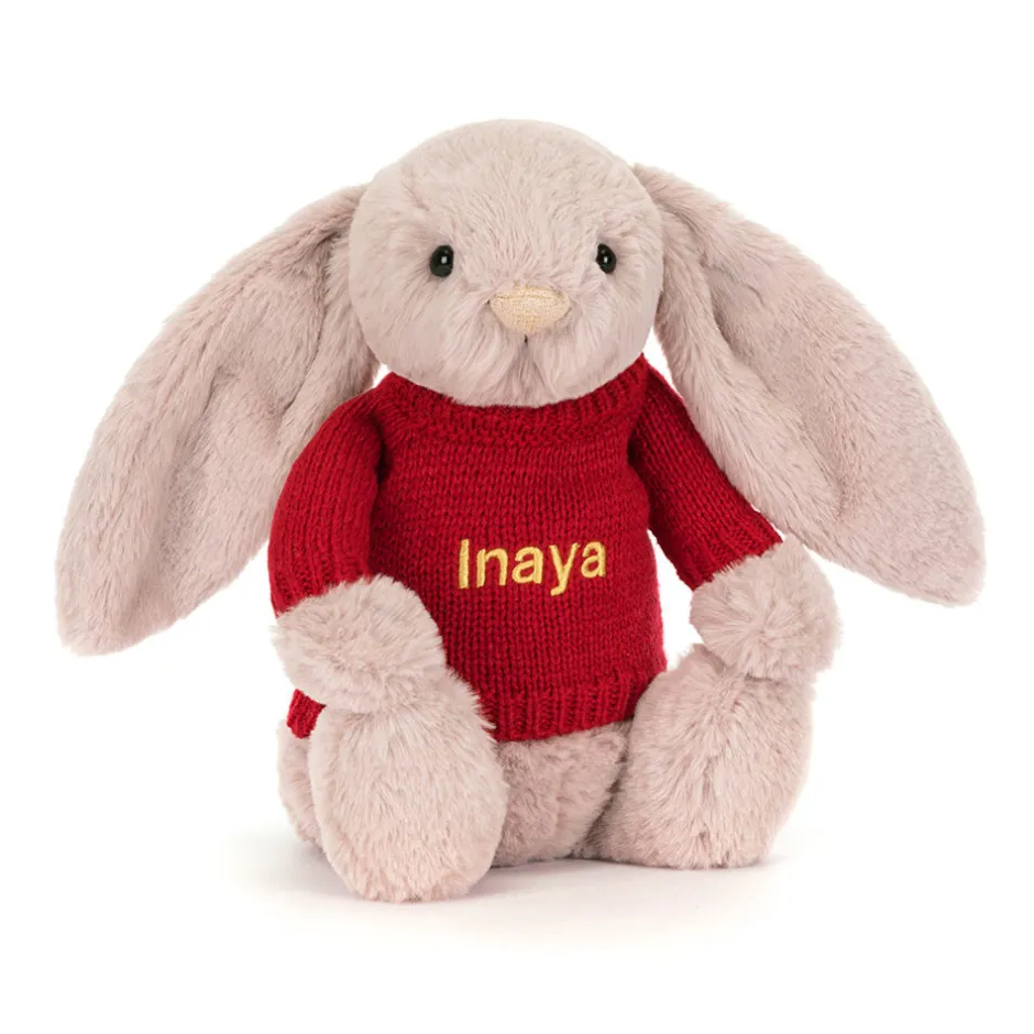 Jellycat Bashful Luxe Bunny Rosa with Personalised Red Jumper< All Soft Toys|Bashful Bunnies