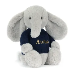 Jellycat Bashful Luxe Elephant Thuddeus with Personalised Navy Jumper< All Soft Toys|All Bashfuls
