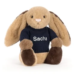 Jellycat Bashful Patchwork Brown Bunny with Personalised Navy Jumper< All Soft Toys|Bashful Bunnies