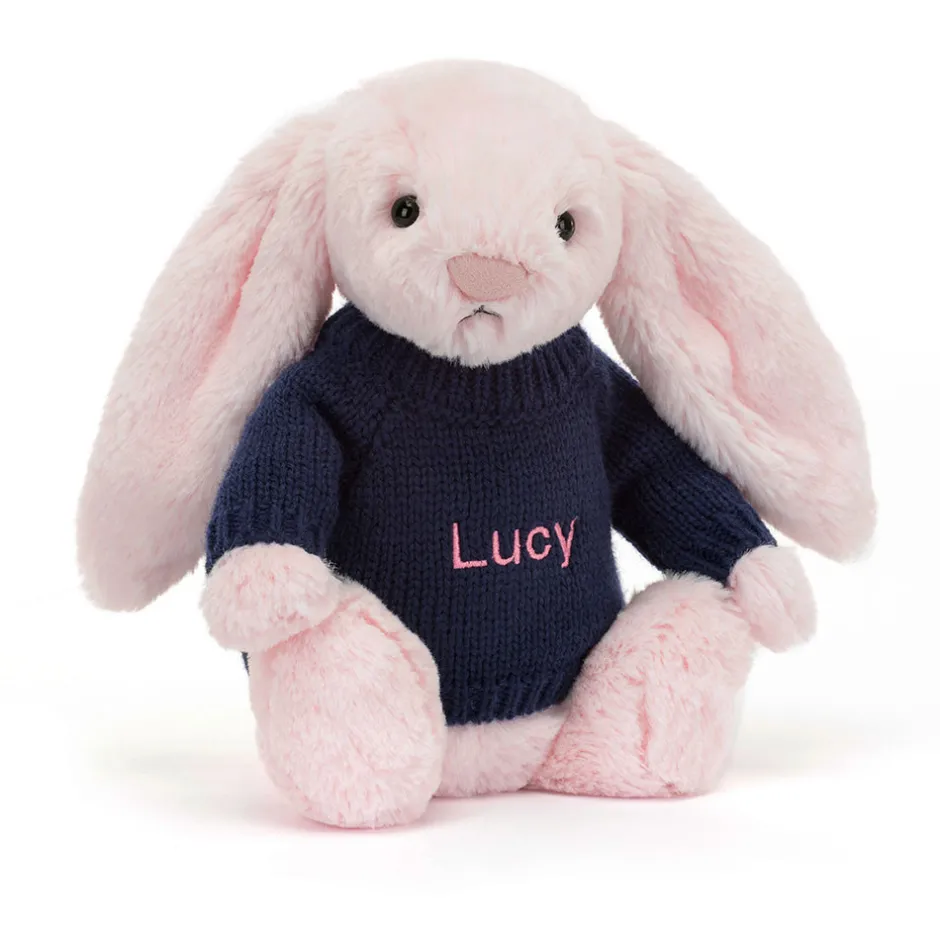 Jellycat Bashful Pink Bunny with Personalised Navy Jumper< All Soft Toys|Bashful Bunnies