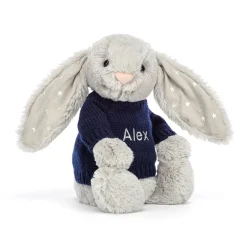 Jellycat Bashful Shimmer Bunny with Personalised Navy Jumper< All Soft Toys|Bashful Bunnies