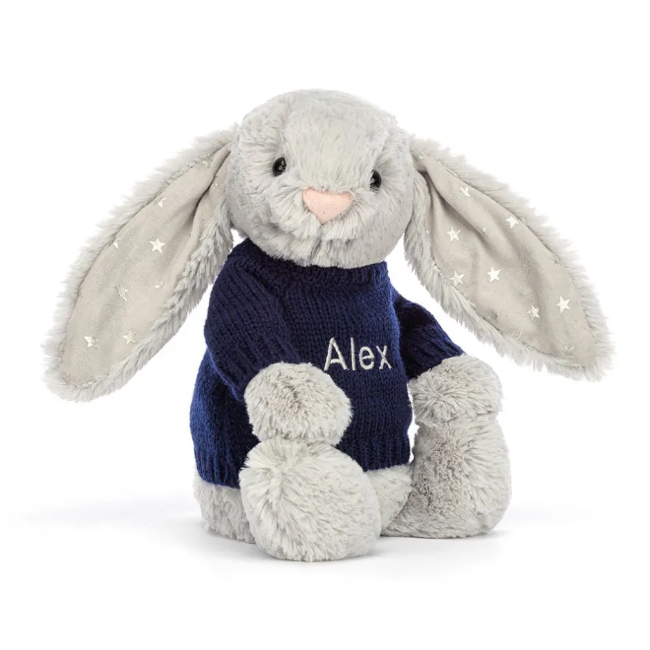 Jellycat Bashful Shimmer Bunny with Personalised Navy Jumper< All Soft Toys|Bashful Bunnies