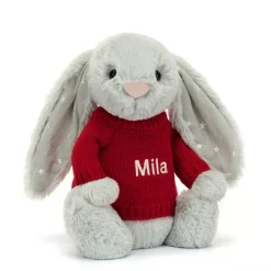 Jellycat Bashful Shimmer Bunny with Personalised Red Jumper< All Soft Toys|Bashful Bunnies