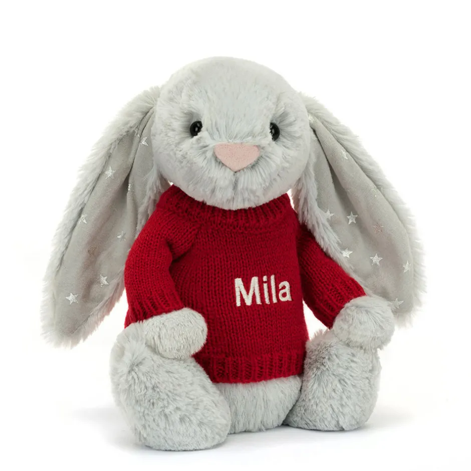 Jellycat Bashful Shimmer Bunny with Personalised Red Jumper< All Soft Toys|Bashful Bunnies