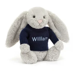 Jellycat Bashful Silver Bunny with Personalised Navy Jumper< All Soft Toys|Bashful Bunnies