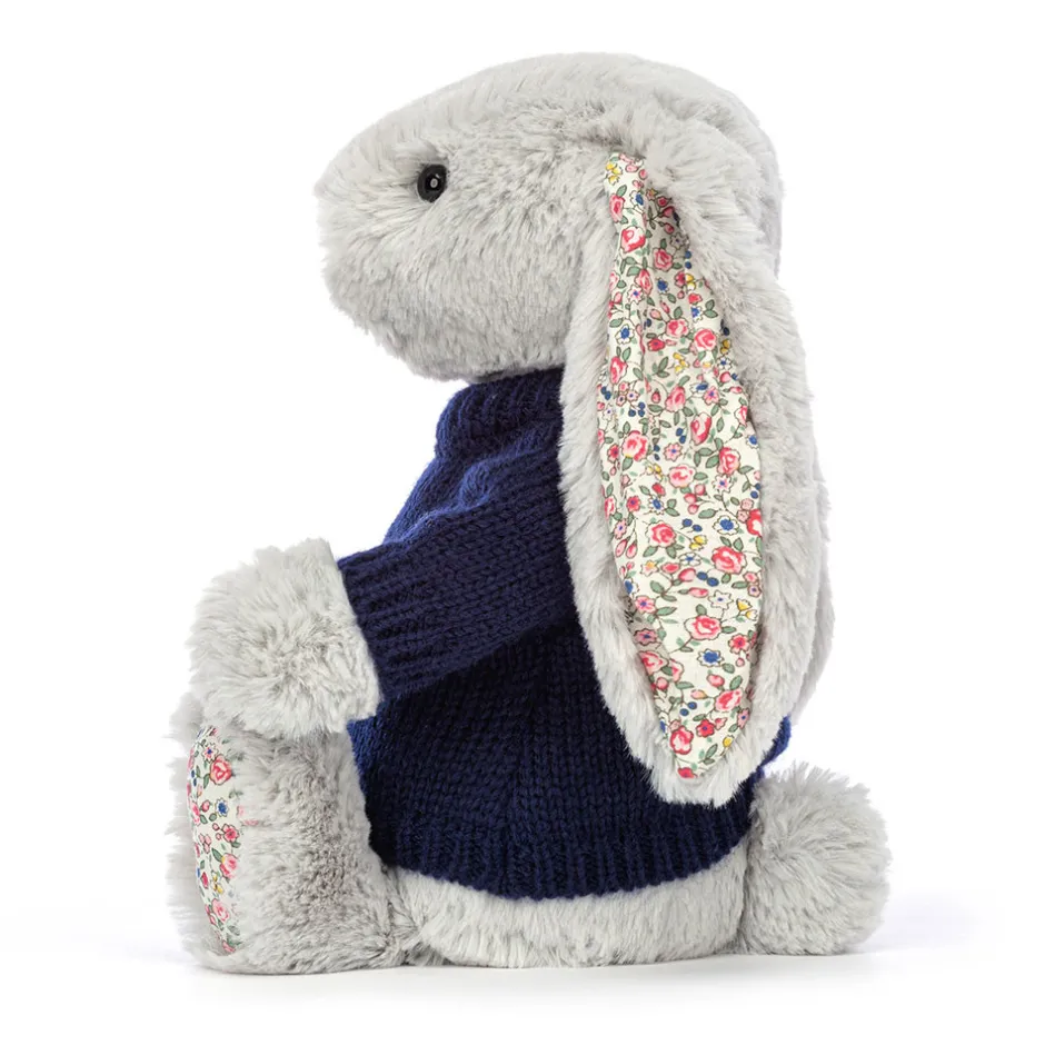 Jellycat Blossom Silver Bunny with Personalised Navy Jumper< All Soft Toys|Bashful Bunnies